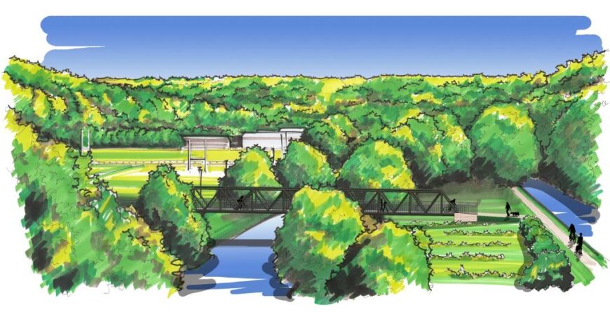 Aerial artists impression of the West Vale Bridge at Elland. Trees are in the background with bridges over a river on the left 