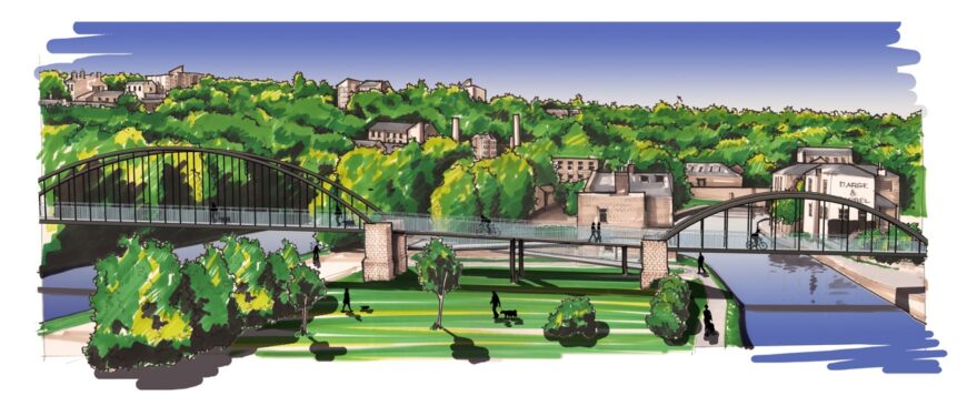 Aerial artists impression of the proposed station at Elland. Trees are in the background with bridges over two rivers in the foreground